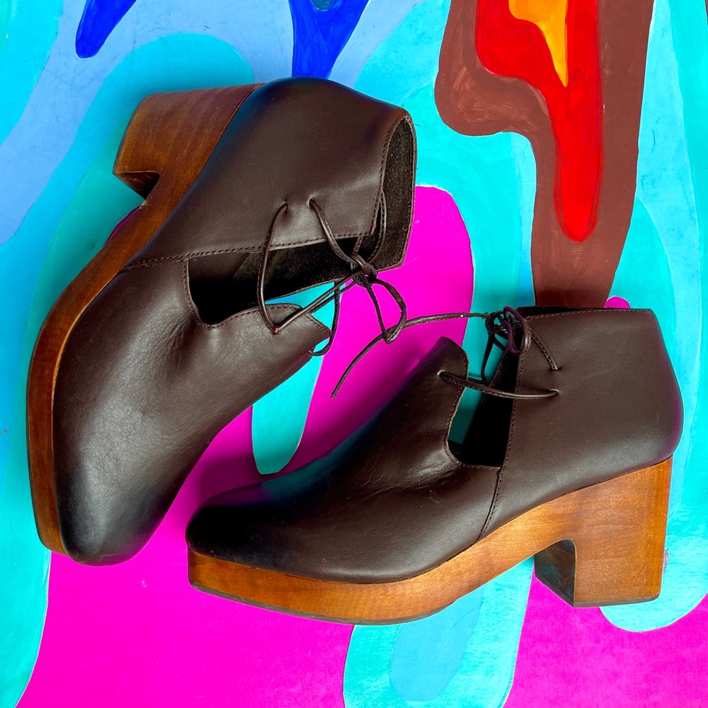 Kelsi Dagger Brooklyn contemporary minimalist brown leather wooden heels